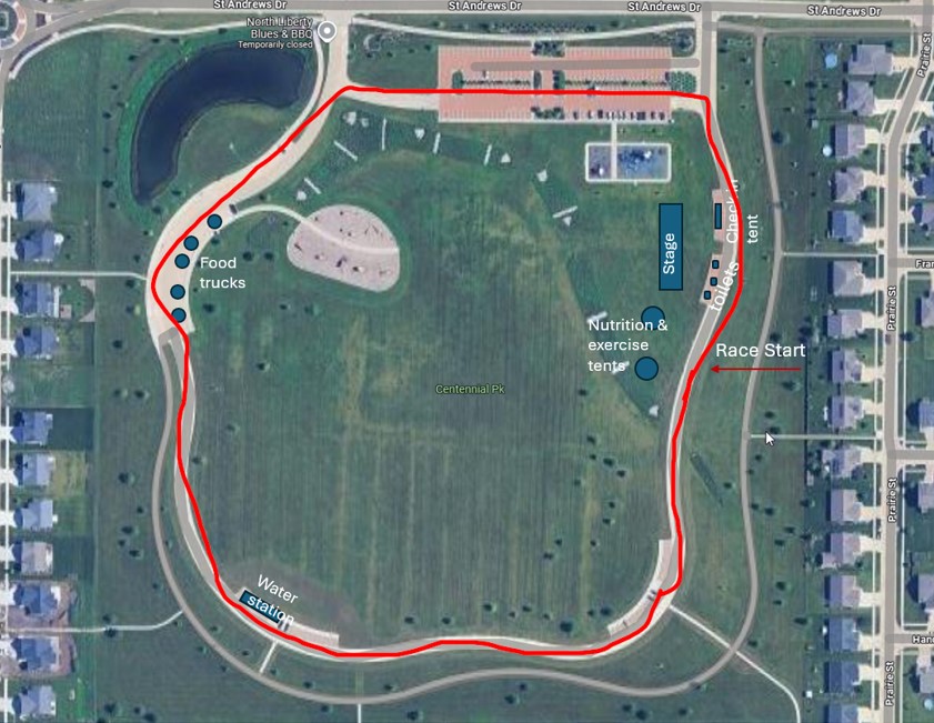 Aerial view of the 5K race course map, showing the starting line, nutrition & exercise tents, water stations, food trucks, and rest rooms.